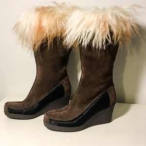 Calvin Klein Ranger Boots | Brown Suede Wedge Boots with Fur